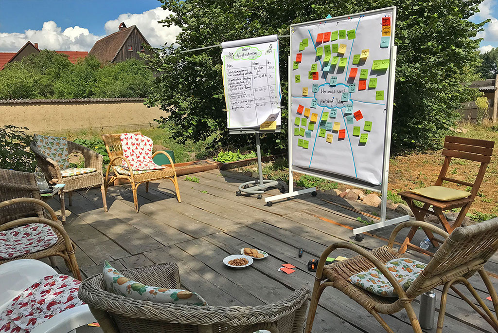 Eine Sitzgruppe aus Korbstühlen auf einer Terrasse im Grünen, daneben zwei Flipcharts voller bunter Notizzettel